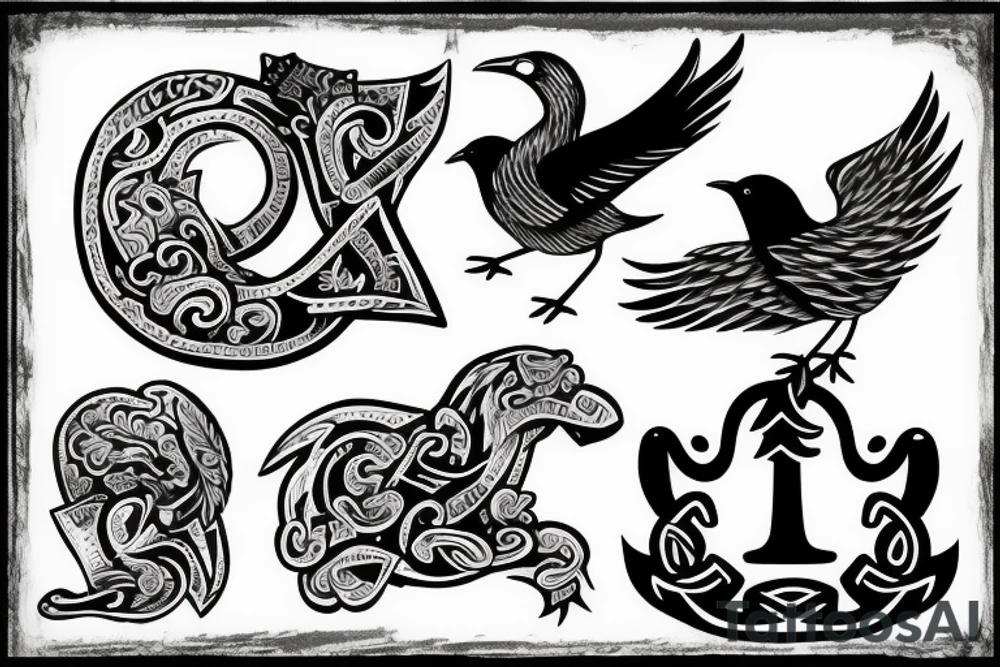 Bird and a dog viking tattoo in a horse shoe shape tattoo idea