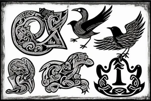 Bird and a dog viking tattoo in a horse shoe shape tattoo idea