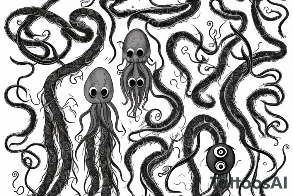 Hermaeus Mora black mass of a lot of tentacles and a lot of randomly placed
eyeballs horizontally symmetric tattoo idea