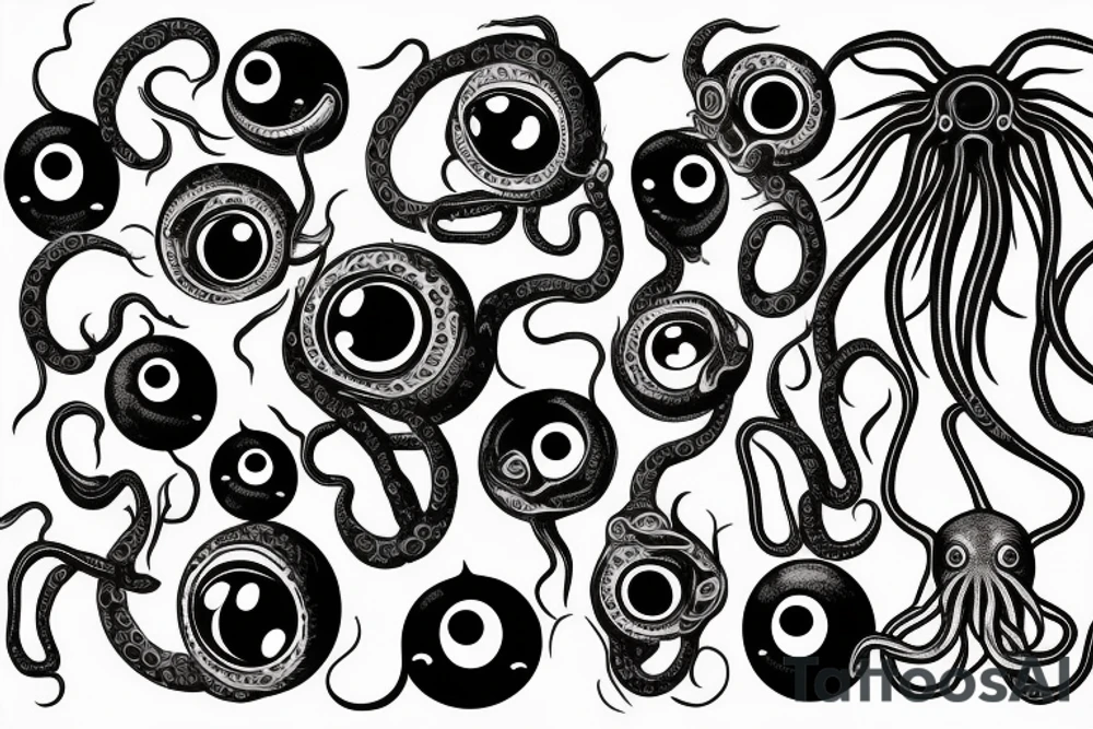 Hermaeus Mora black mass of a lot of tentacles and a lot of randomly placed 
eyeballs horizontally symmetric tattoo idea