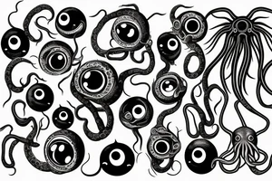 Hermaeus Mora black mass of a lot of tentacles and a lot of randomly placed 
eyeballs horizontally symmetric tattoo idea