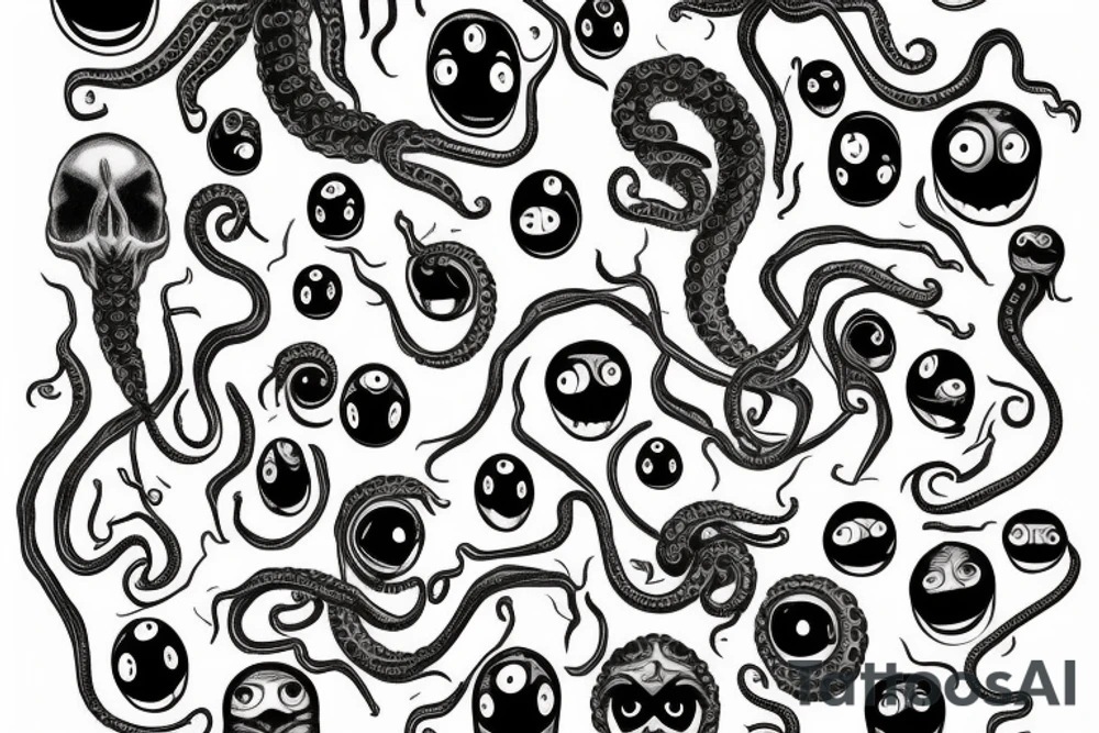 Hermaeus Mora black mass of a lot of tentacles and a lot of randomly placed
eyeballs horizontally symmetric tattoo idea