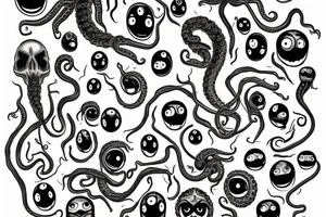 Hermaeus Mora black mass of a lot of tentacles and a lot of randomly placed 
eyeballs horizontally symmetric tattoo idea