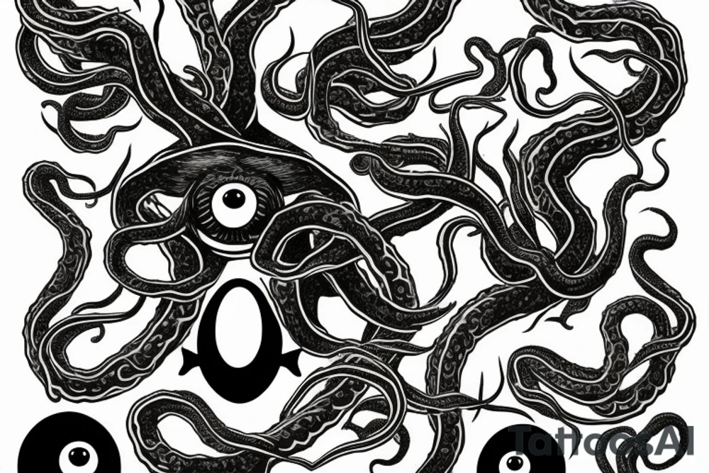 Hermaeus Mora black mass of a lot of tentacles and a lot of randomly placed
eyeballs horizontally symmetric tattoo idea