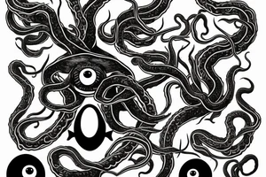Hermaeus Mora black mass of a lot of tentacles and a lot of randomly placed 
eyeballs horizontally symmetric tattoo idea