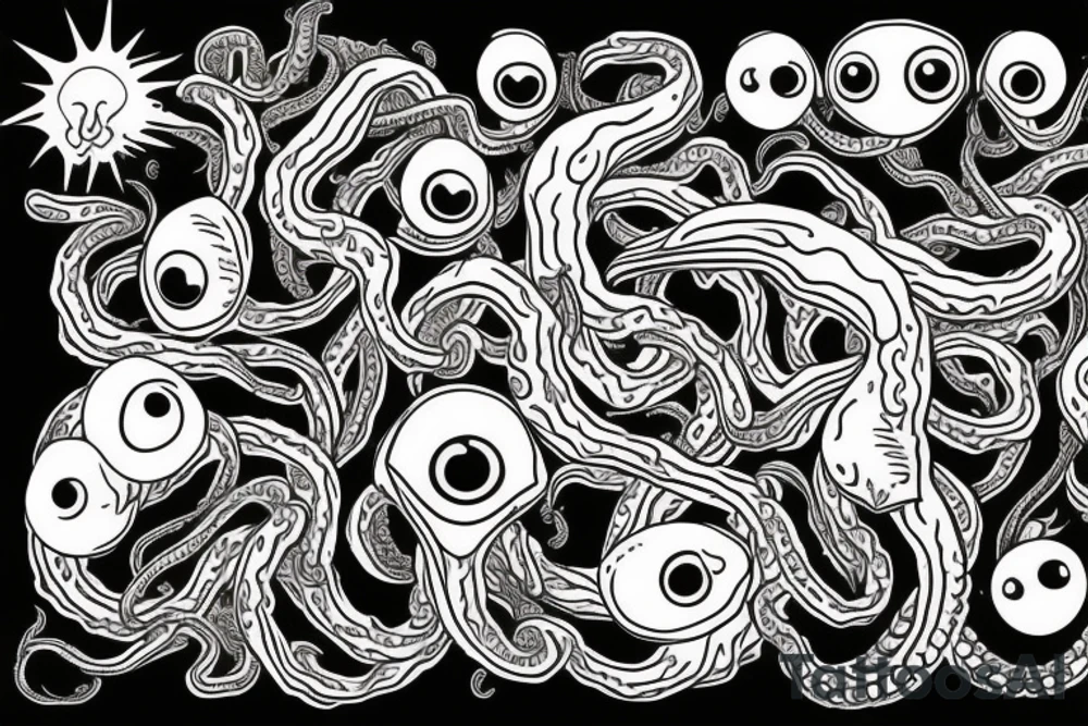 Hermaeus Mora black mass of a lot of tentacles and a lot of randomly placed
eyeballs horizontally symmetric tattoo idea