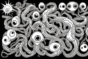 Hermaeus Mora black mass of a lot of tentacles and a lot of randomly placed 
eyeballs horizontally symmetric tattoo idea