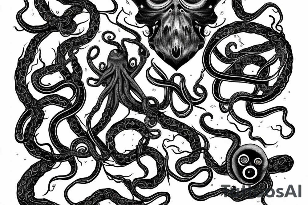 Hermaeus Mora black mass of a lot of tentacles and a lot of randomly placed 
eyeballs horizontally symmetric tattoo idea