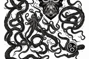 Hermaeus Mora black mass of a lot of tentacles and a lot of randomly placed 
eyeballs horizontally symmetric tattoo idea