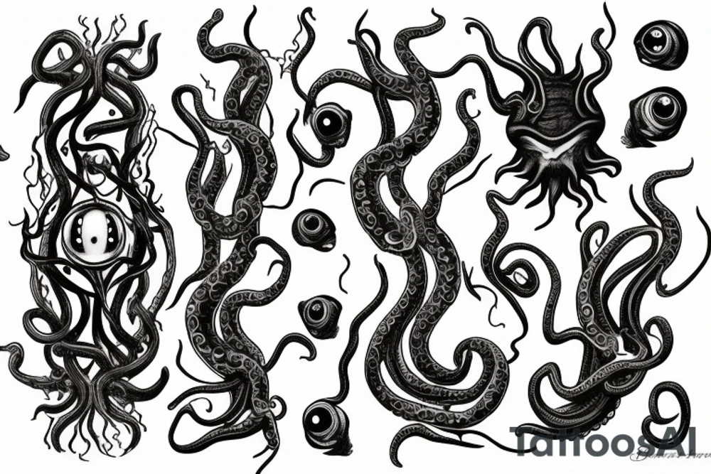Hermaeus Mora black mass of a lot of tentacles and a lot of randomly placed eyeballs horizontally symmetric tattoo idea