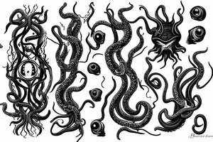 Hermaeus Mora black mass of a lot of tentacles and a lot of randomly placed eyeballs horizontally symmetric tattoo idea
