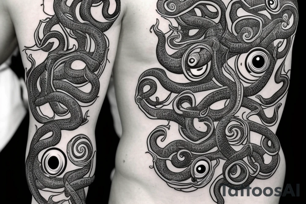 Hermaeus Mora black mass of a lot of tentacles and a lot of randomly placed eyeballs horizontally symmetric tattoo idea