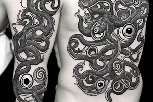 Hermaeus Mora black mass of a lot of tentacles and a lot of randomly placed eyeballs horizontally symmetric tattoo idea