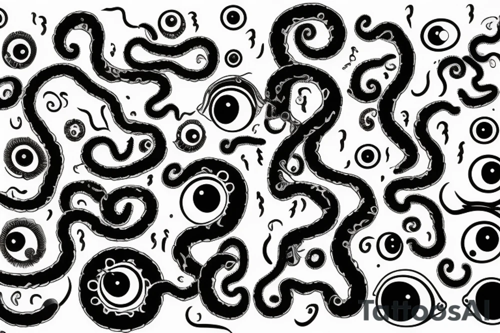 black mass of a lot of tentacles and a lot of randomly placed eyeballs horizontally symmetric tattoo idea