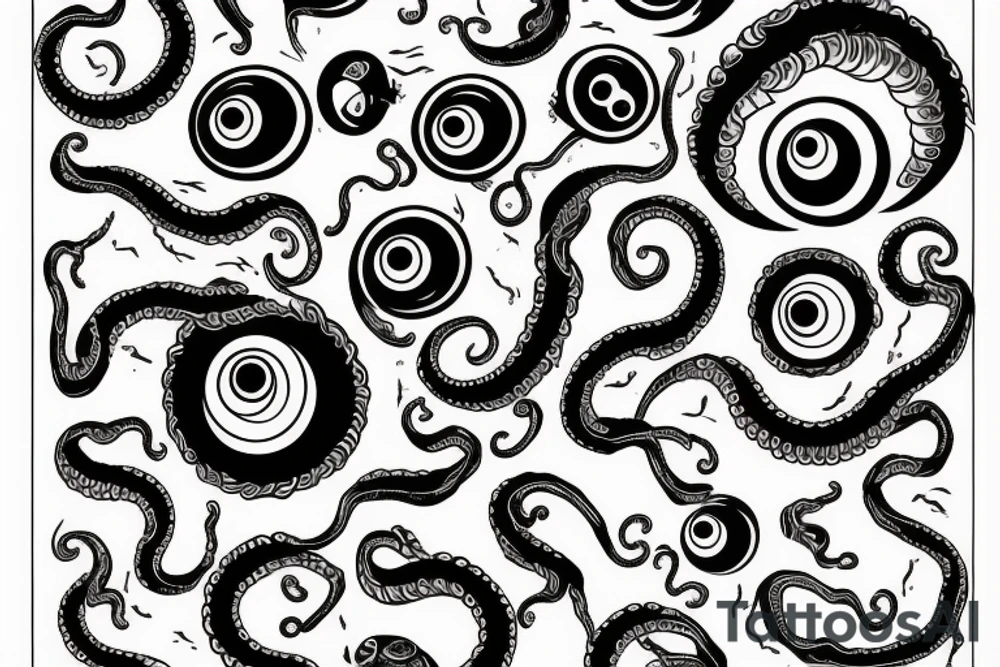 black mass of a lot of tentacles and a lot of randomly placed eyeballs horizontally symmetric tattoo idea