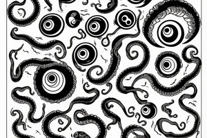 black mass of a lot of tentacles and a lot of randomly placed eyeballs horizontally symmetric tattoo idea