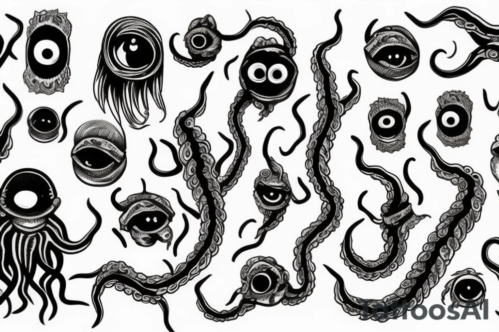 black mass of a lot of tentacles and a lot of randomly placed eyeballs horizontally symmetric tattoo idea