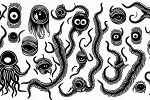 black mass of a lot of tentacles and a lot of randomly placed eyeballs horizontally symmetric tattoo idea