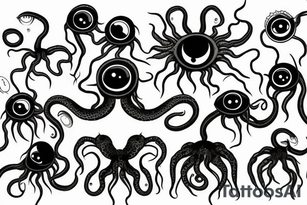 black mass of a lot of tentacles and a lot of randomly placed eyeballs horizontally symmetric tattoo idea