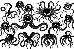 black mass of a lot of tentacles and a lot of randomly placed eyeballs horizontally symmetric tattoo idea