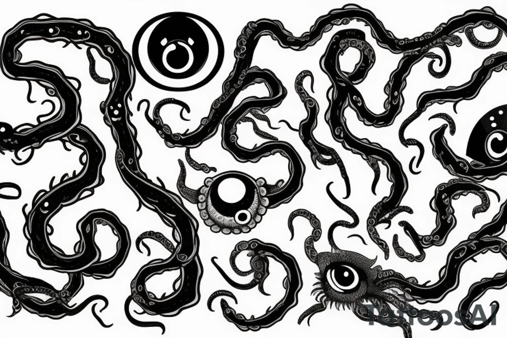 black mass of a lot of tentacles and a lot of randomly placed eyeballs horizontally symmetric tattoo idea