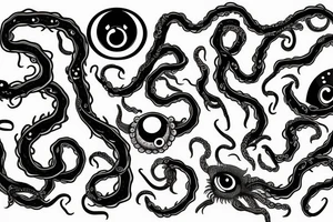 black mass of a lot of tentacles and a lot of randomly placed eyeballs horizontally symmetric tattoo idea
