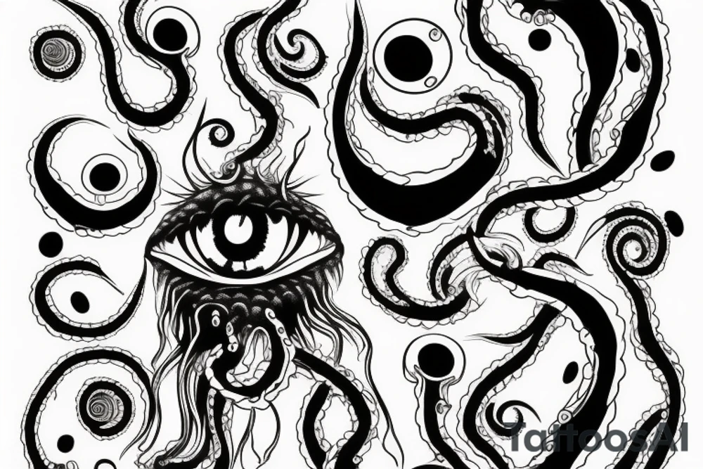 black mass of a lot of tentacles and a lot of randomly placed eyeballs horizontally symmetric tattoo idea