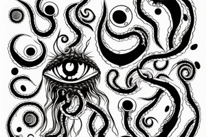 black mass of a lot of tentacles and a lot of randomly placed eyeballs horizontally symmetric tattoo idea