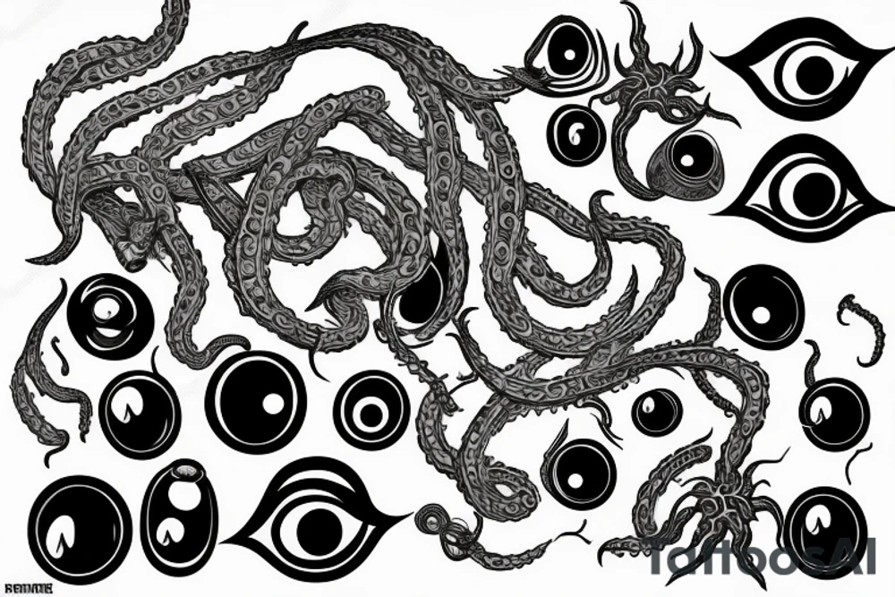 huge black mass of a lot of tentacles and a lot of randomly placed eyeballs horizontally symmetric tattoo idea