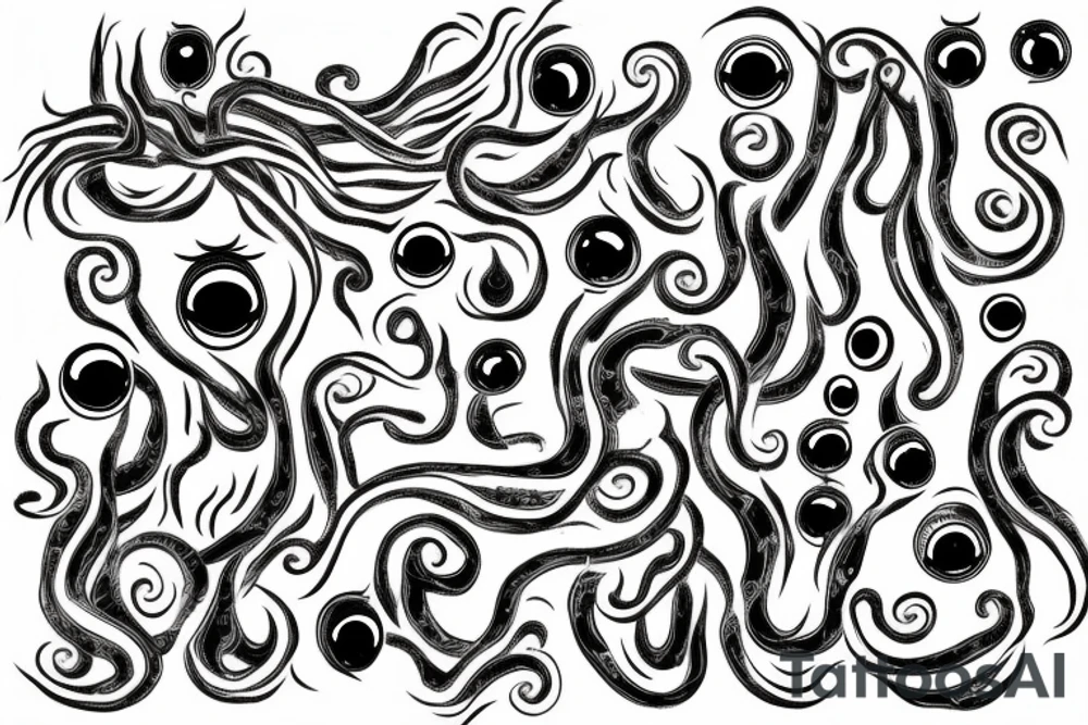 huge black mass of a lot of tentacles and a lot of randomly placed eyeballs horizontally symmetric tattoo idea