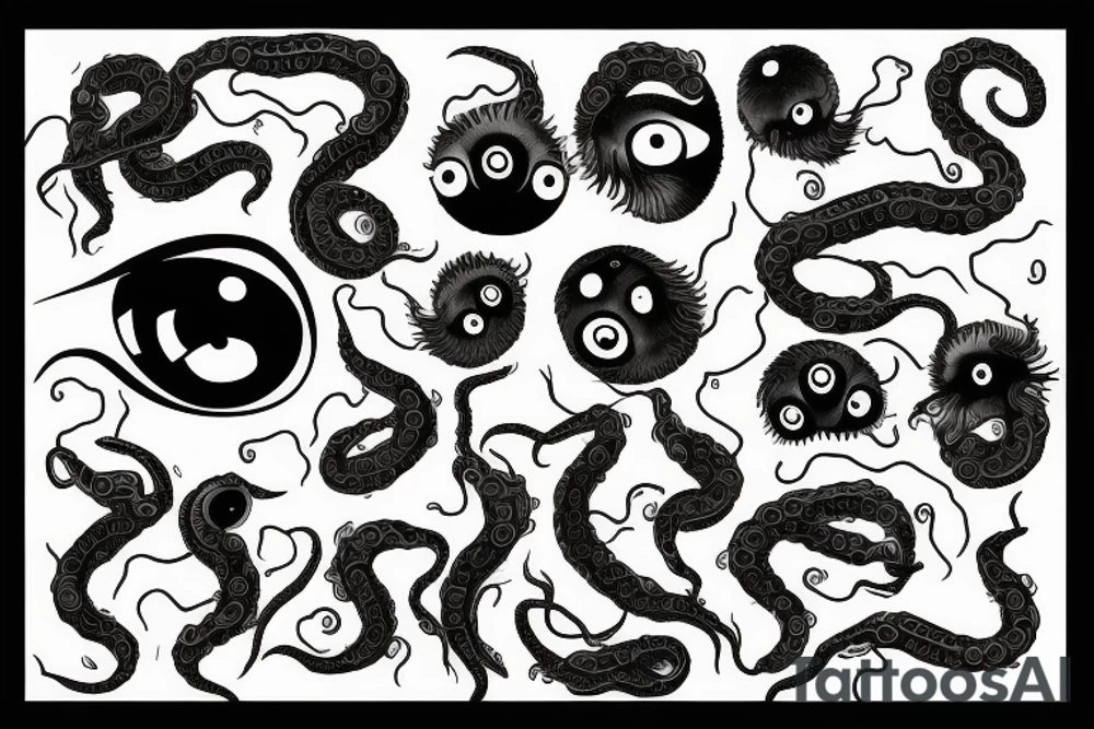 huge black mass of a lot of tentacles and a lot of randomly placed eyeballs horizontally symmetric tattoo idea
