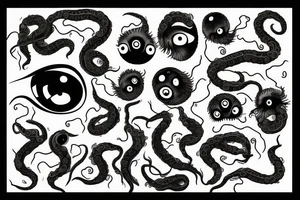 huge black mass of a lot of tentacles and a lot of randomly placed eyeballs horizontally symmetric tattoo idea