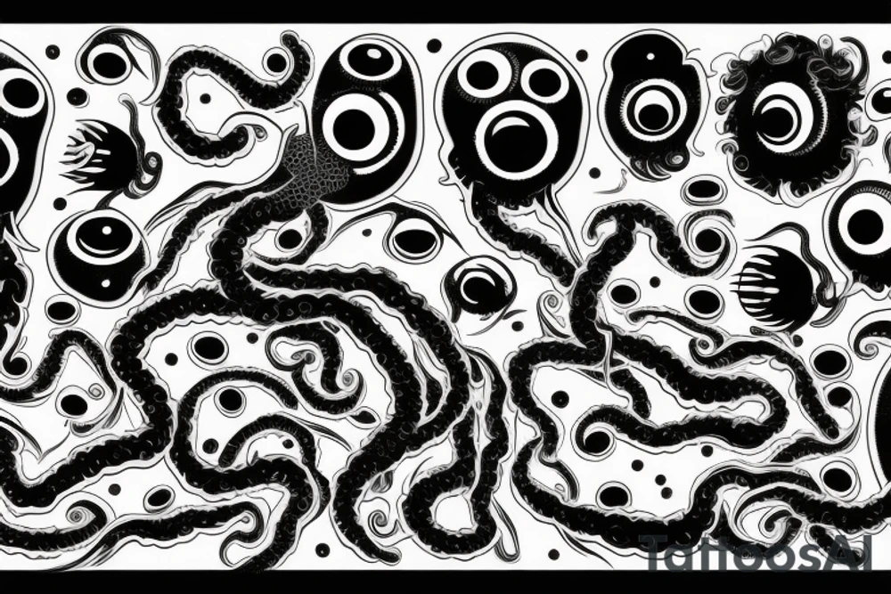huge black mass of a lot of tentacles and a lot of randomly placed eyeballs horizontally symmetric tattoo idea