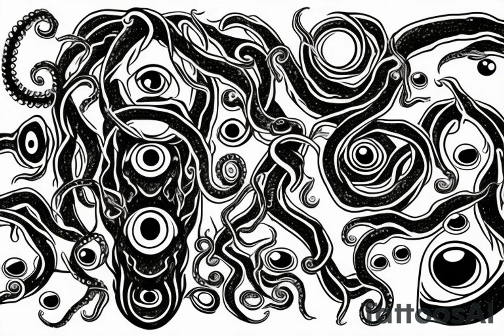 Hermaeus Mora huge black mass of a lot of tentacles and a lot of randomly placed eyeballs horizontally symmetric tattoo idea