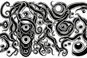 Hermaeus Mora huge black mass of a lot of tentacles and a lot of randomly placed eyeballs horizontally symmetric tattoo idea