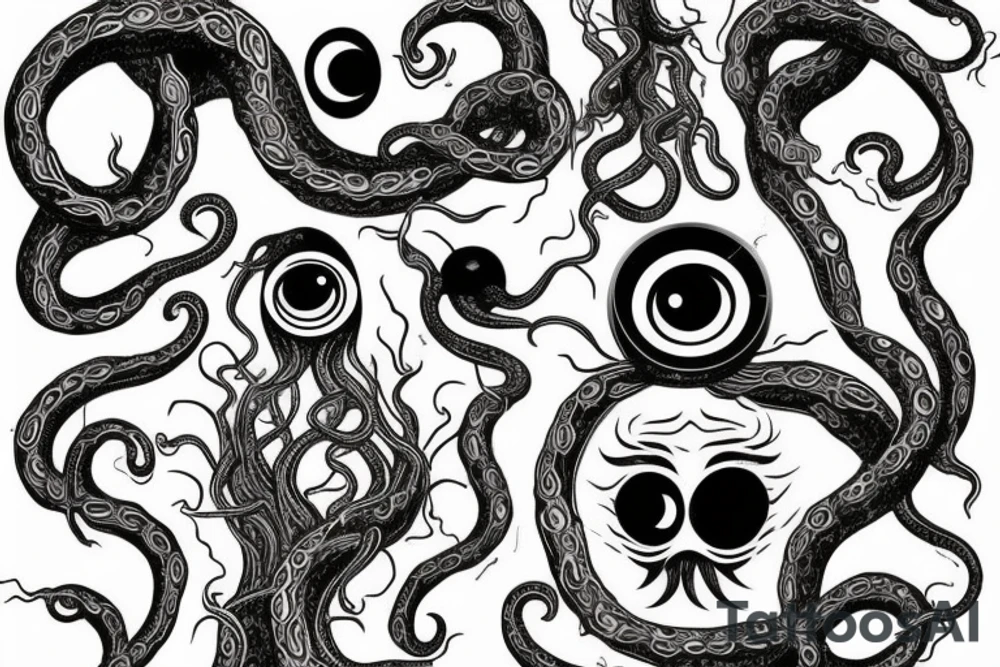 Hermaeus Mora huge black mass of a lot of tentacles and a lot of randomly placed eyeballs horizontally symmetric tattoo idea