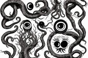 Hermaeus Mora huge black mass of a lot of tentacles and a lot of randomly placed eyeballs horizontally symmetric tattoo idea