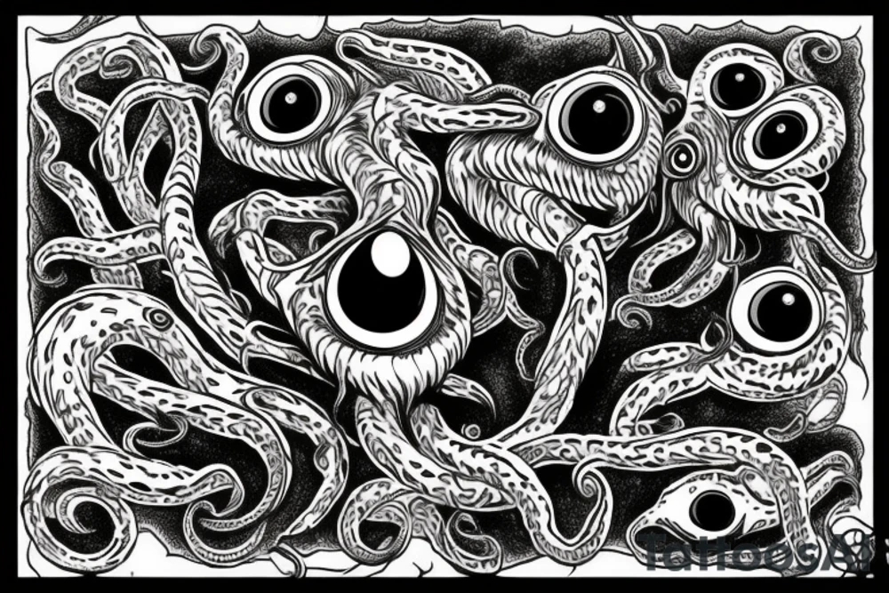 "Hermaeus Mora" huge black mass of a lot of tentacles and a lot of randomly placed eyeballs horizontally symmetric tattoo idea