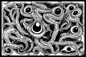 "Hermaeus Mora" huge black mass of a lot of tentacles and a lot of randomly placed eyeballs horizontally symmetric tattoo idea