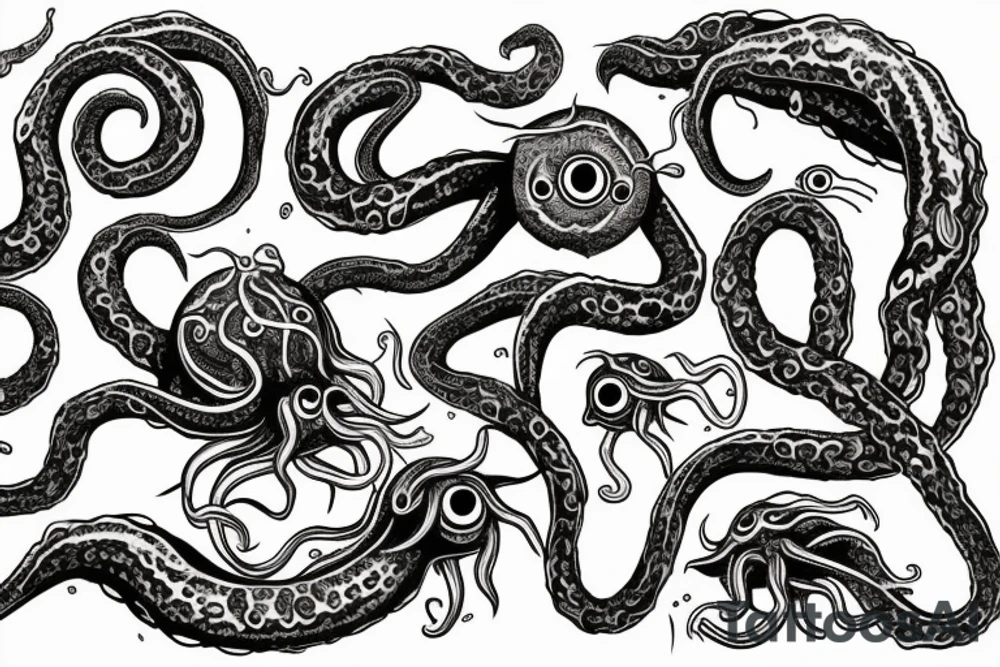 "Hermaeus Mora" huge black mass of a lot of tentacles and a lot of randomly placed eyeballs horizontally symmetric tattoo idea