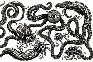 "Hermaeus Mora" huge black mass of a lot of tentacles and a lot of randomly placed eyeballs horizontally symmetric tattoo idea