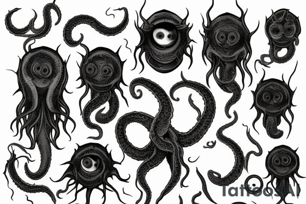 "Hermaeus Mora" huge black mass of a lot of tentacles and a lot of randomly placed eyeballs horizontally symmetric tattoo idea