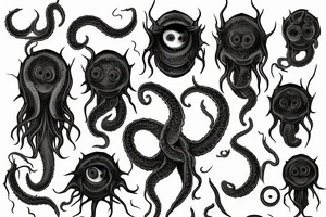 "Hermaeus Mora" huge black mass of a lot of tentacles and a lot of randomly placed eyeballs horizontally symmetric tattoo idea