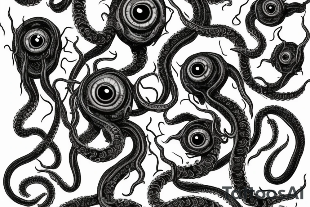"Hermaeus Mora" huge black mass of a lot of tentacles and a lot of randomly placed eyeballs horizontally symmetric tattoo idea