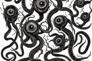 "Hermaeus Mora" huge black mass of a lot of tentacles and a lot of randomly placed eyeballs horizontally symmetric tattoo idea
