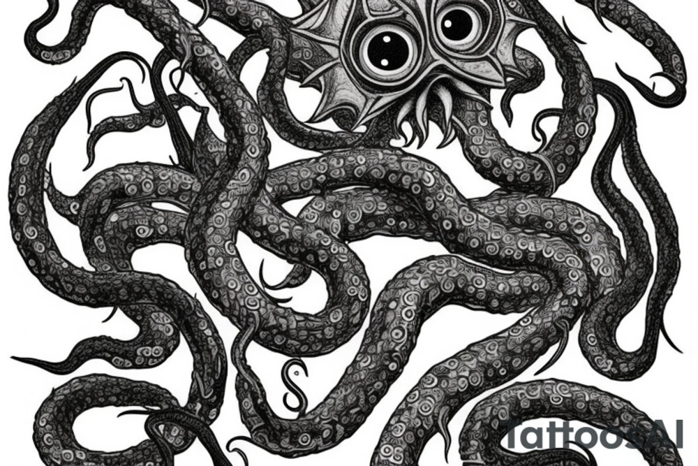 "Hermaeus Mora" huge black mass of a lot of tentacles and a lot of randomly placed eyeballs horizontally symmetric tattoo idea