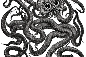 "Hermaeus Mora" huge black mass of a lot of tentacles and a lot of randomly placed eyeballs horizontally symmetric tattoo idea