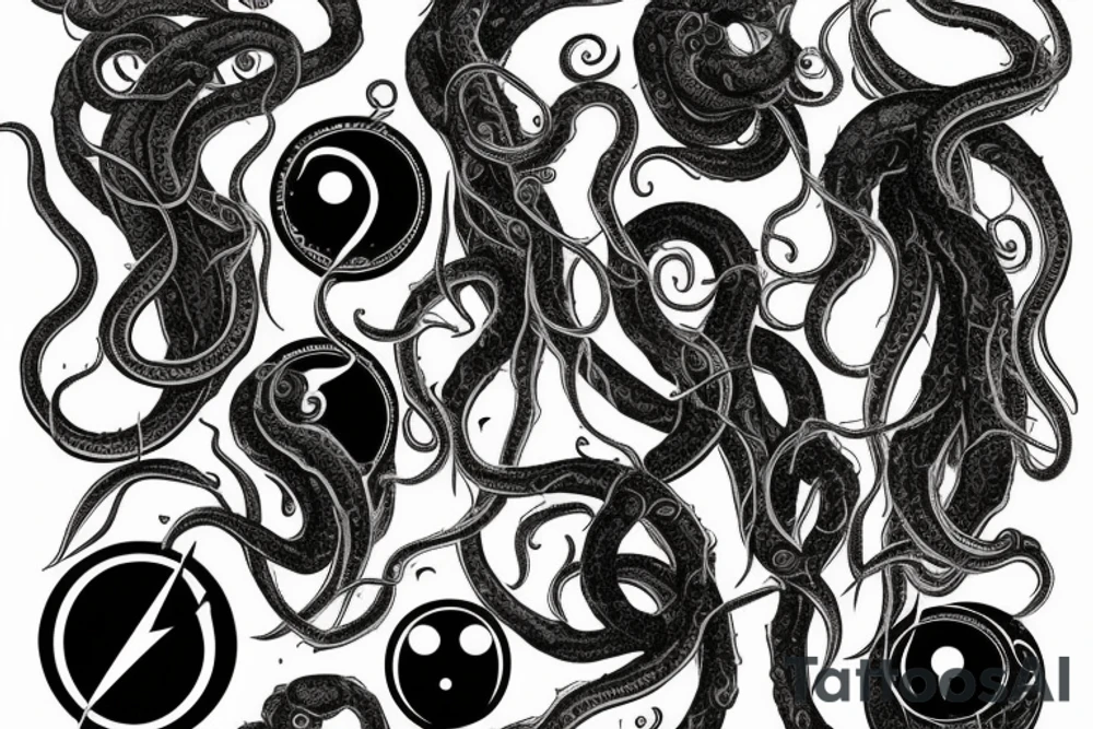 "Hermaeus Mora" huge black mass of a lot of tentacles and a lot of randomly placed eyeballs horizontally symmetric tattoo idea