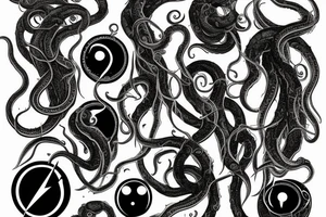 "Hermaeus Mora" huge black mass of a lot of tentacles and a lot of randomly placed eyeballs horizontally symmetric tattoo idea
