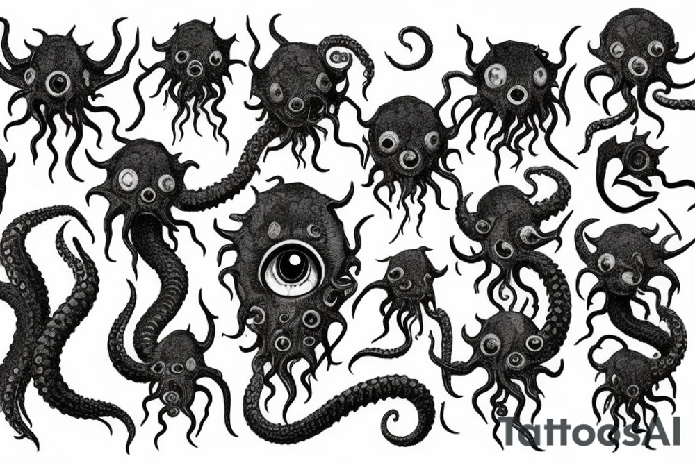 "Hermaeus Mora" huge black mass of a lot of tentacles and a lot of randomly placed eyeballs horizontally symmetric with necronormicon tattoo idea